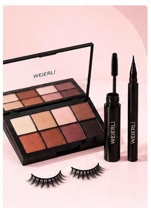 Eyeshadow palette, mascara, eyeliner and false eyelashes