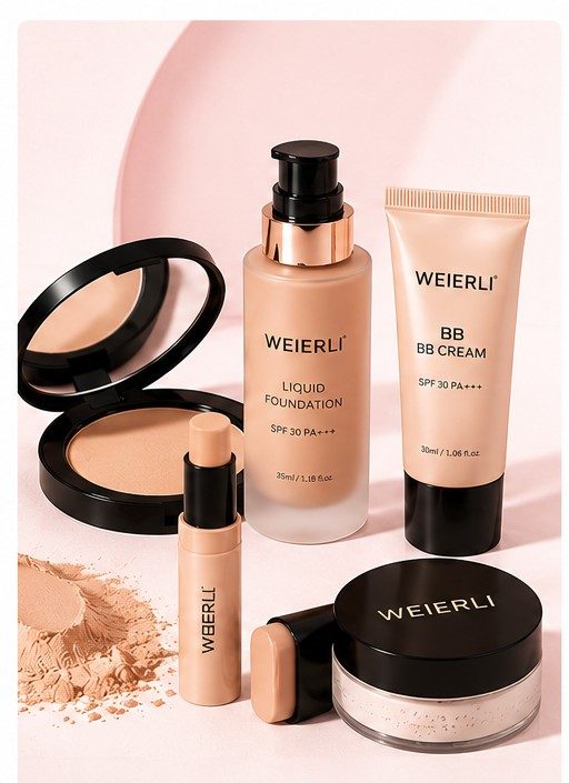 Face makeup foundation, powder and concealer products